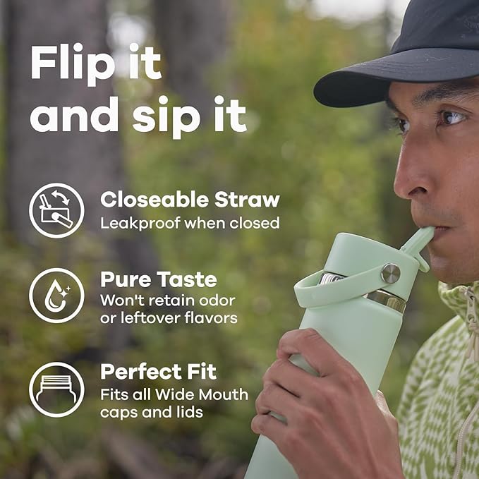 Hydro Flask Water Bottle - Insulated Stainless Steel - Wide Mouth Flex Straw Lid, Non Spill, Leakproof and Refillable in 24 Oz Surf Blue