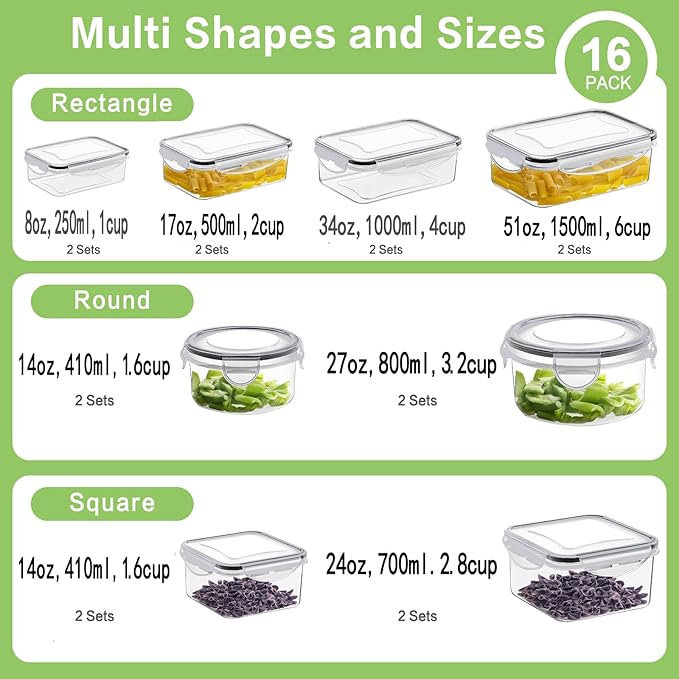HOMBERKING 32 Pieces Food Storage Containers Set with Snap Lids (16 Lids + 16 Containers), Meal Prep Airtight Plastic Containers, BPA-Free Lunch Containers for Kitchen Organization, Pantry, Home, Grey