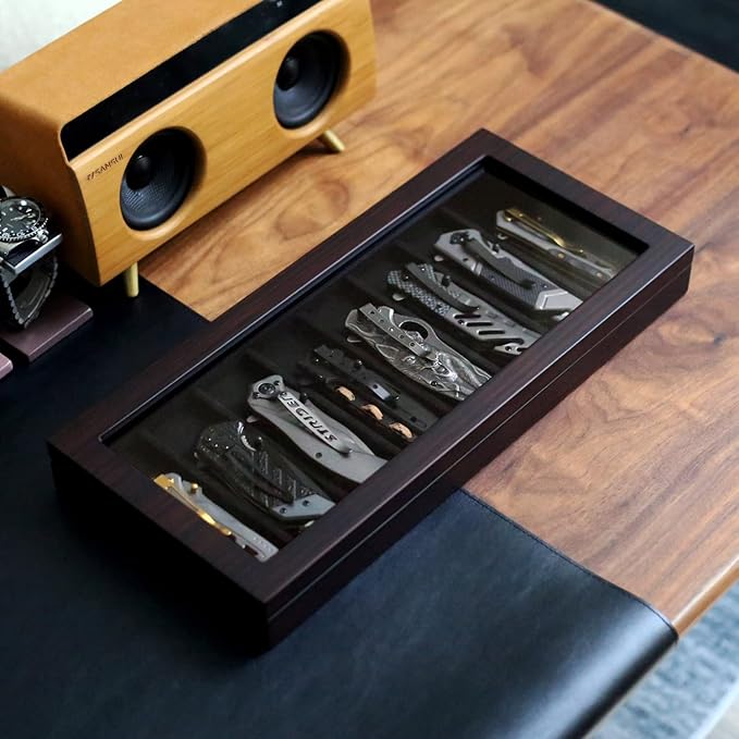 Knife Display Case Organizer storage 8 pocket knives, Folding Knife Holder with Real Glass Window Top， Pocket knife collection box for men gift (Ebony Veneer 8 slot)