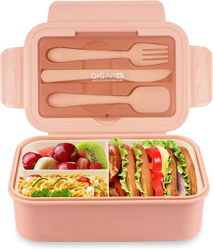 NatraProw Bento Box for Adult, 1400 ML Lunch Containers for Adults, LeakProof Lunch Box with Utensils, BPA Free, 3 Compartment Bento Box Microwave Safe, Light Pink