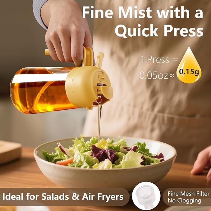 Oil Sprayer for Cooking, 16oz/470ml 2 In 1 Glass Olive Oil Sprayr & pourer for Kitchen, Air Fryer, Cooking, Salad, BBQ (Yellow)
