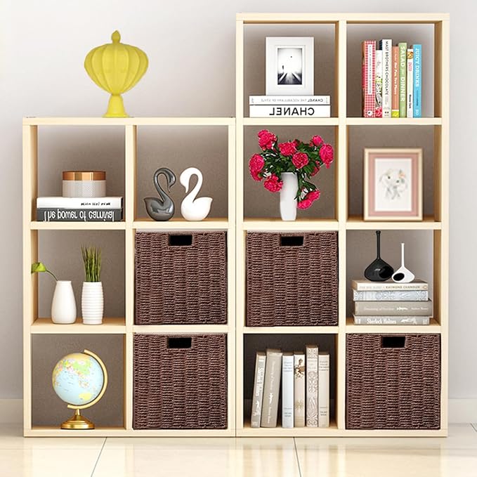 Vagusicc Wicker Storage Basket, Set of 2 Hand-Woven Storage Baskets for Shelves, Foldable Cube Storage Baskets Bins with Handles, 9 inch Small Wicker Baskets for Organizing Pantry Bedroom, Brown