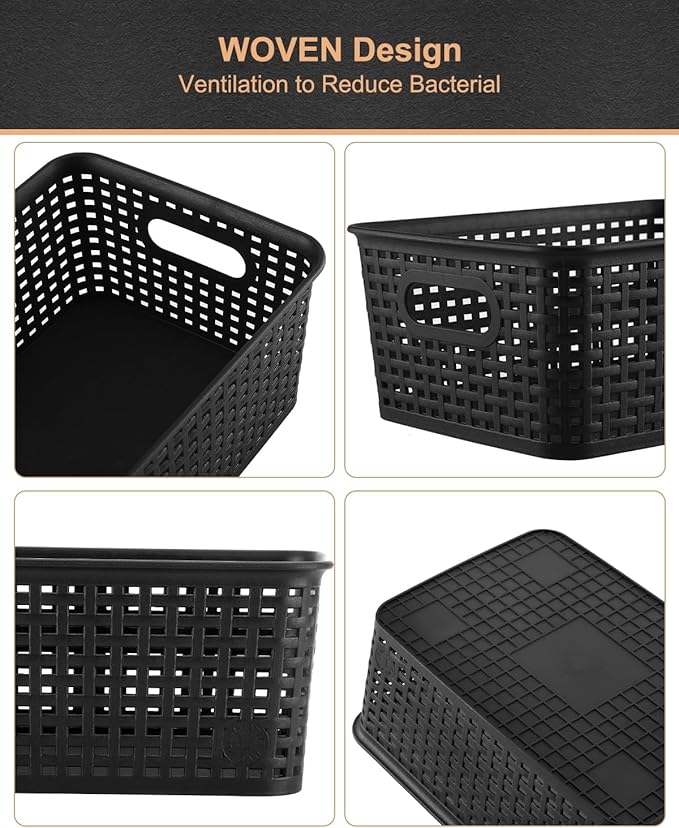 AREYZIN Storage Bins Plastic Storage Baskets With Lid Small Baskets for Organizing Stackable Storage Container Organizer Bins for Shelves Drawers Desktop Playroom Classroom Office, 6 Pack,Black