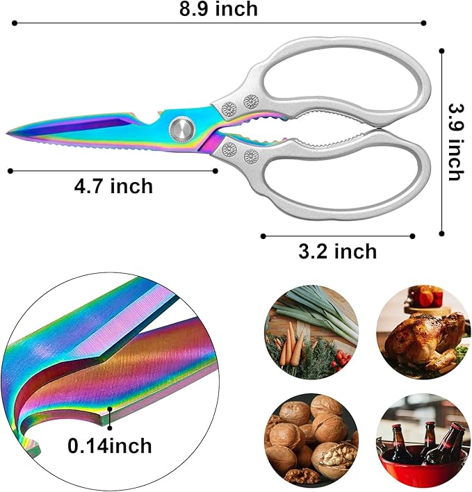 CGBE Kitchen Scissors, Multi-Purpose Kitchen Shears, Heavy Duty Dishwasher Safe Food Scissors for Chicken, Poultry, Fish, Meat & Herbs with Non-Slip Grips - Sliver Colorful