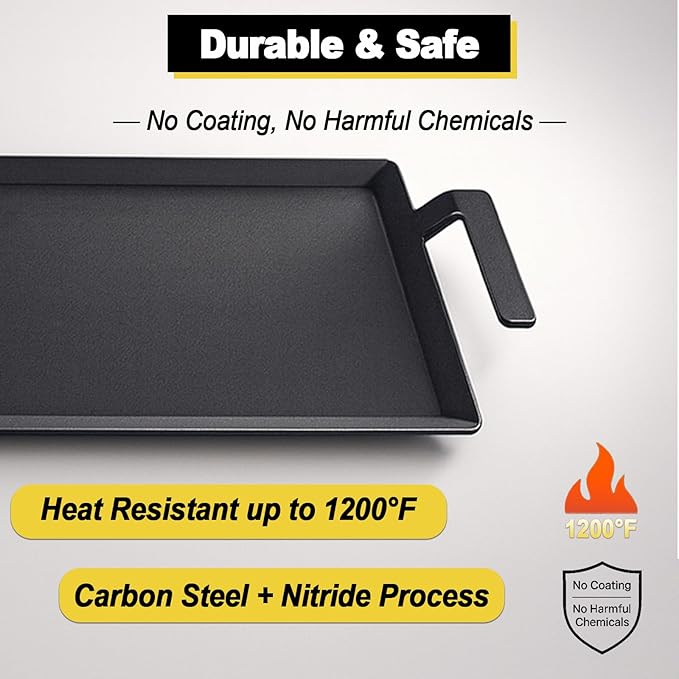 Carbon Steel Griddle for Gas Grill, 19.6" x 10.5" Double Burner Griddle Comes with Grill Press, Griddle Pan for Stove Top, Versatile Stovetop Oven, Induction Cooktop, Flat Top Plate for Charbroil Etc