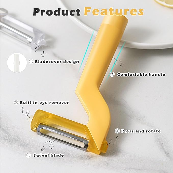 90° Rotatable Fruit and Vegetable Peeler, Sharp Stainless Steel Swivel Blades Potato Peelers for Kitchen, Built-in Eye Remover Veggie Fruit Potato Carrot Apple Peeler with Blade Cover