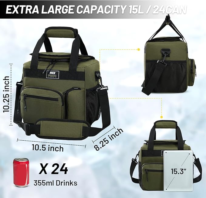 MIER Large Lunch Box for Men Women Adult Insulated Soft Sided Cooler 24 Can Leakproof Lunch Bag Collapsible for Work Travel Camping Beach, 15L (Army Green-No Luggage Strap)