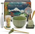 Matcha Whisk Set Incl. Ceramic Bowl With Spout, Whisk (Chasen), Stand, Bamboo Scoop, Sifter, Electric Frother, Tea Towel etc. 9 Pcs Matcha Making Starter Kit, Mottled Green