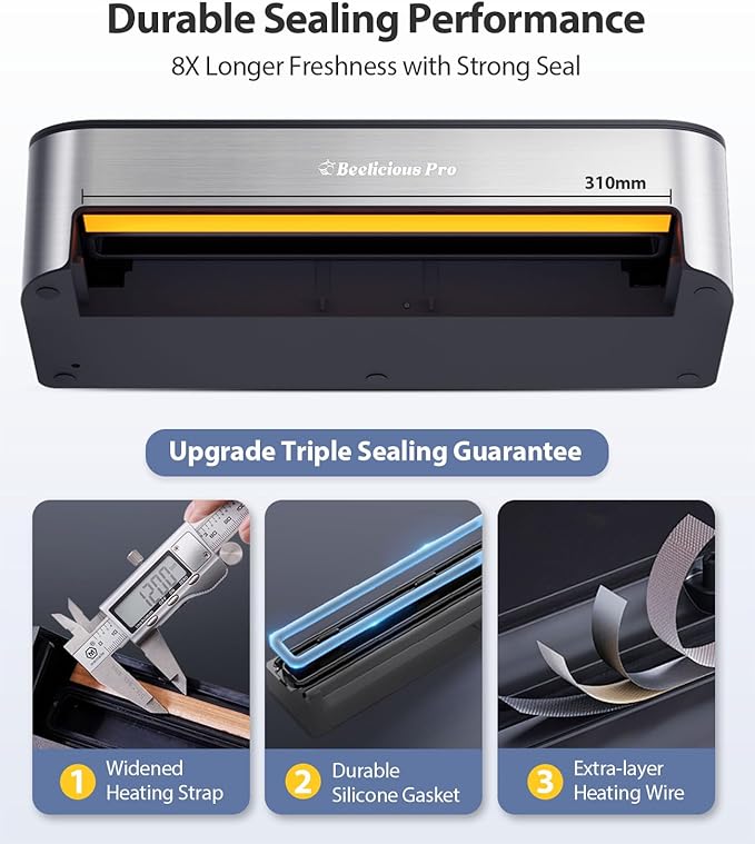 PressFree TRUE-Auto Vacuum Sealer Machine, Beelicious Pro 85KPA Fully Automatic 8-IN-1 Food Sealer with Bags Storage, Build-in Cutter, Moist Mode and Air Suction Hose |Sous Vide | Digital Countdown