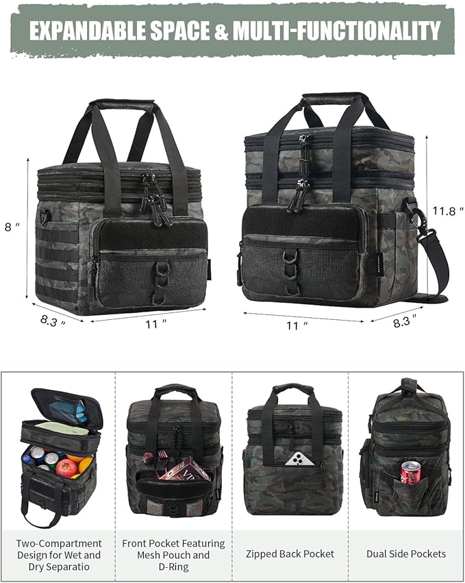 JOYHILL Tactical Lunch Box for Men, Double Deck Expandable Insulated Lunch Bag, Large Durable Thermal and Cooler Bag for Adult, Modern Leakproof Bag for Adult Work, Camping, Picnic, Sandy,18 L/24 Can