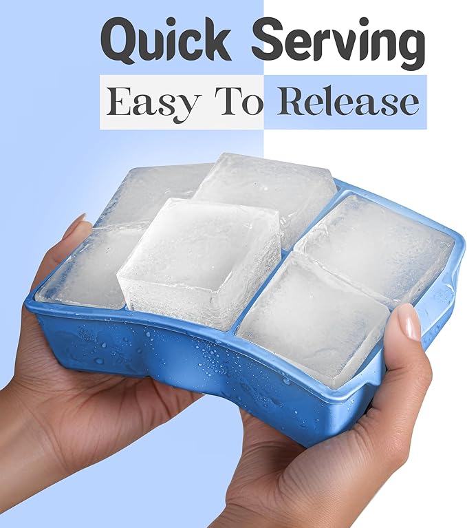 KitchFort Large Silicone Ice Cube Tray (2-Pack), Easy Release 2" Big Ice Cubes - Cocktail, Whiskey Ice Cubes Mold - Ice Trays for Freezer with Lid - Stackable Silicone Ice Tray - Blue