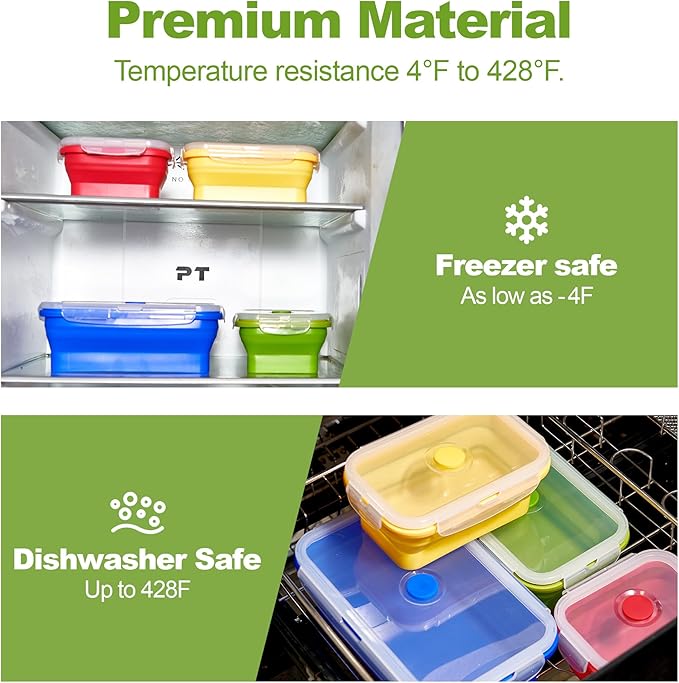 Set of 4 Collapsible Silicone Food Storage Container, Leftover Meal box For Kitchen, Bento Lunch Boxes, BPA Free, Microwave, Dishwasher and Freezer Safe. Foldable Design Saves Your Space.