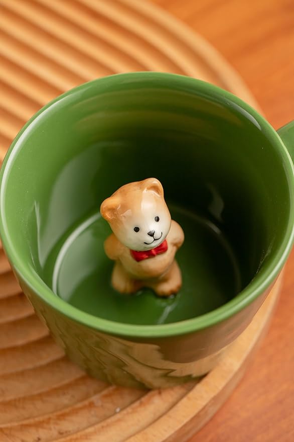 DIHOclub Bow Tie Bear Coffee Cup Hidden Ceramic Animal Inside Mug,Cute Cartoon Handmade Figurine Mugs,Holiday and Birthday Gift for Coffee Milk Tea Lovers,12 Oz(Green)