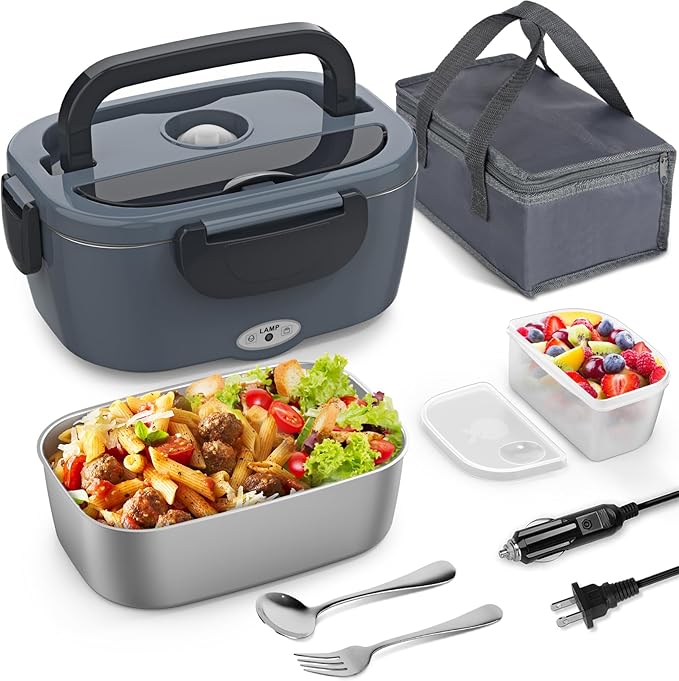 Vingud Electric Lunch Box, 3 in 1 Heated Lunch Box for Adults, Portable Heating Lunch Box with 1.5L Removable Stainless Steel Container for Office/Car/Truck, 110V 24V 12V, 80W-60W, Black Grey