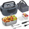 Vingud Electric Lunch Box, 3 in 1 Heated Lunch Box for Adults, Portable Heating Lunch Box with 1.5L Removable Stainless Steel Container for Office/Car/Truck, 110V 24V 12V, 80W-60W, Black Grey