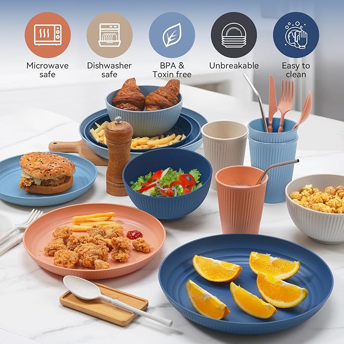 Wheat Straw Dinnerware Sets,48-Piece Plates and Bowls Sets for 6-Unbreakable,Reusable Plastic Dish Set-Dinner Plate/Dessert Plate/Cereal Bowl/Cup/Utensils-Microwavable Dishwasher Safe 48P-Tropical
