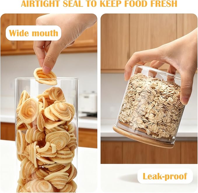 Airtight Glass Jars with Bamboo Lids, Glass Food Storage Containers Set - Set of 5 Kitchen Canisters for Sugar, Candy, Cookie, Rice and Spice Jars