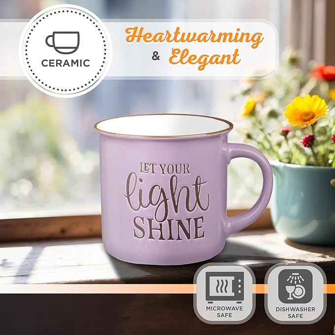 Christian Art Gifts Lavender Camp Style Ceramic Coffee Mug – 13 oz. Microwave & Dishwasher Safe Inspirational Scripture Coffee & Tea Mug for Women with Bible Verse: Let Your Light Shine – Matthew 5:16