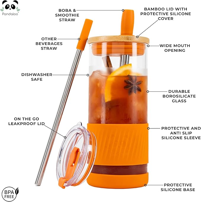 Pandaloo® Glass Cups With Lids and Straws -20 Fl Oz- Perfect Size Iced Coffee Cup - Smoothie Cup With Bamboo Lid and On the go Lid - Glass Tumbler With Straw (1 Count (Pack of 1), Autumn Gold)
