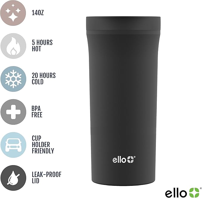 Ello Arabica 14oz Stainless Steel Travel Mug with Leak-Proof Slider Lid, Keeps Hot for 5 Hours, Perfect for Coffee or Tea, BPA-Free Tumbler | Gift for Coffee Lovers, Black