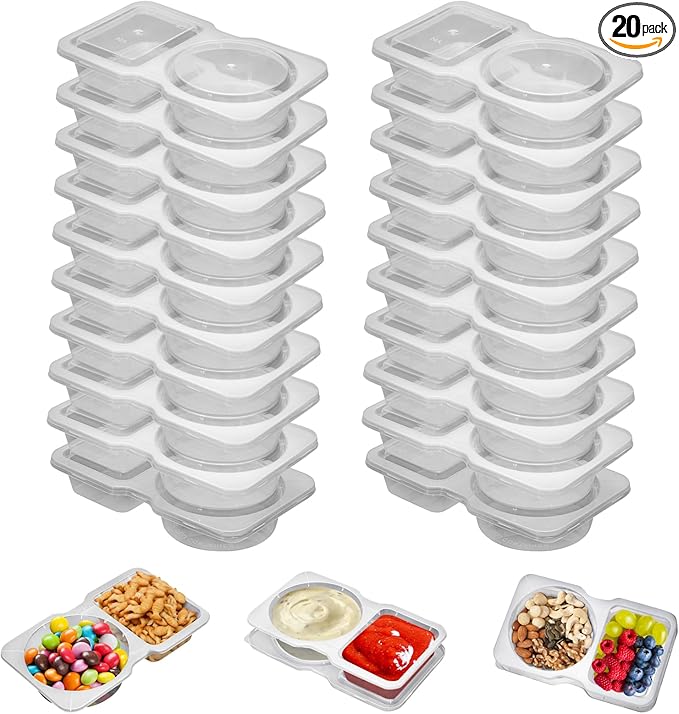 20 Set Reusable Snack Containers, 2-Compartment Dipping Containers with Lid for Refrigeration, Portion Control, Outdoor Takeaway Sauce Dip Case