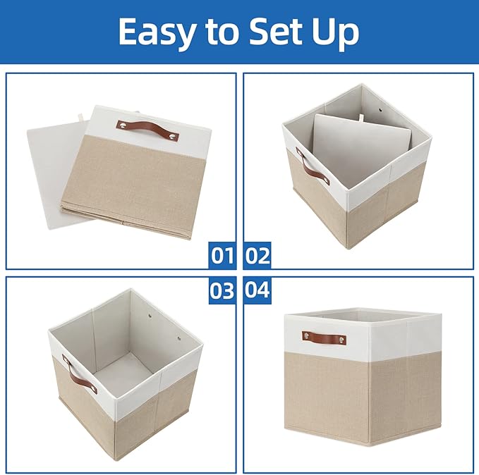 Temary Fabric Storage Cubes - 12 Inch Collapsible Bins (4Pack) - Empty Gift Baskets for Organizing Shelves, Closets, Nursery (White & Khaki)