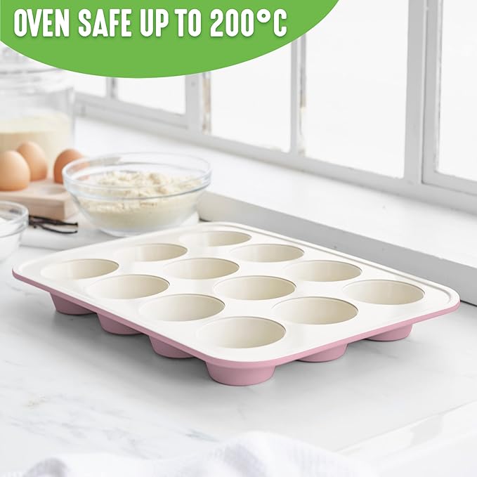 GreenLife 12-Cup Muffin Pan, PFAS-Free Healthy Nonstick Baking Tray, 11.4" x 1.9" x 15.9", Durable Ceramic Bakeware, Cupcakes, Egg Bites, Tarts, Brownies, Pink