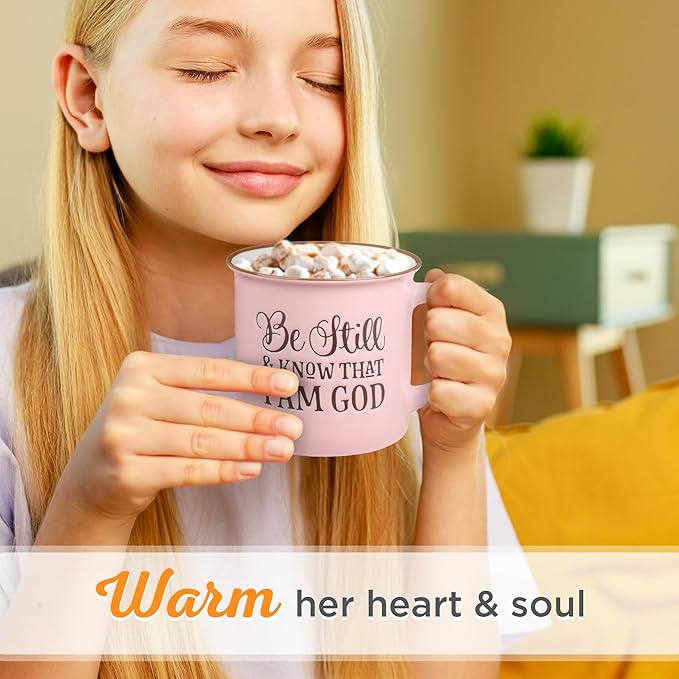 Christian Art Gifts Pink Camp Style Ceramic Coffee Mug – 13 oz. Microwave and Dishwasher Safe Inspirational Scripture Coffee and Tea Mug for Women with Bible Verse: Be Still and Know - Psalm 46:10