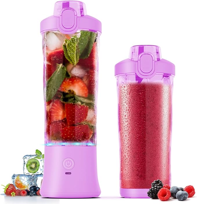 Portable Blender,270 Watt for Shakes and Smoothies Waterproof USB Rechargeable with 20 oz BPA Free a Travel Lid. (Purple, 20 oz)