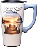 Spoontiques - Ceramic Travel Coffee Mug with Lid and Handle - Spill Proof Lid - Double Walled Mug for Hot and Cold Beverages - Microwave and Dishwasher Safe - Lake Life Travel Mug