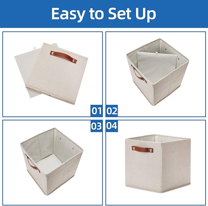 Temary 11x11 Storage Cubes Fabric Storage Cubes Storage Bins with Dual Leather Handles Canvas Storage Boxes for Organizing Home, Shelf, Closet (Beige, 11 x 11 x 11)