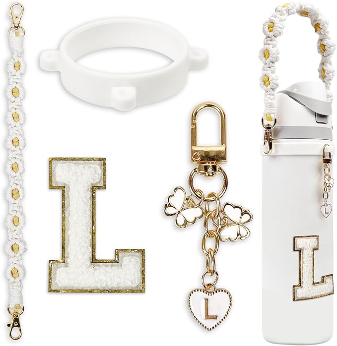 Cute Letter Charm Set Compatible with Owala Water Bottle 24 oz, 32 oz, 40 oz, Owala Kids, Owala Coffee Tumbler, Owala FreeSip – Includes Handle Strap, for Owala Accessories & Stanley Cup Accessories