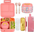 Bento Lunch Box for Kids With 8oz Soup Thermo,Leak-proof Lunch Containers with 5 Compartment,Thermos Food Jar and Lunch Bag, Food Containers for School (A-Pink(Fantasy Unicorn))