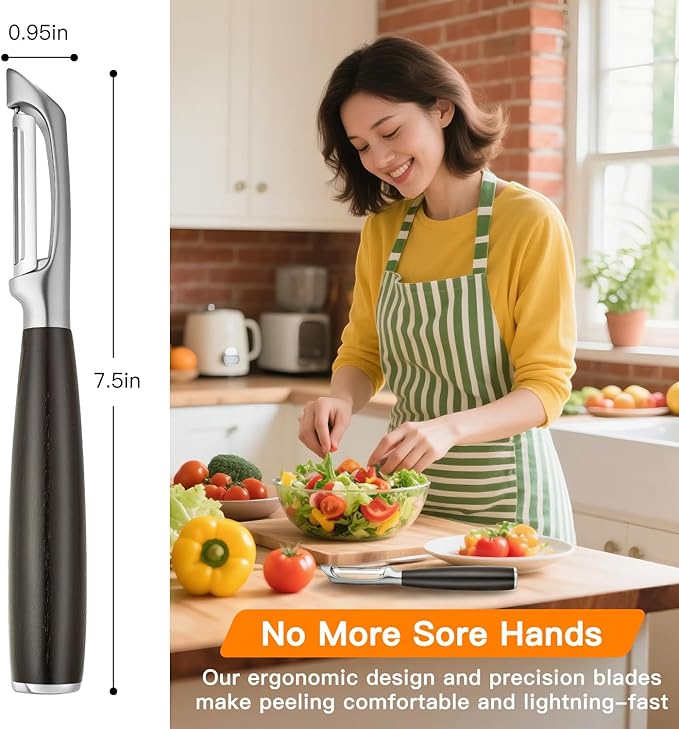 JUSEEPO Premium Vegetable Peeler, I Type Swivel 304 Stainless Steel Blade Comfortable Solid Wood Handle, Practical Gift for Restaurant Baking Chef Woman for Veggie, Fruit, Potato(Charred Wood)