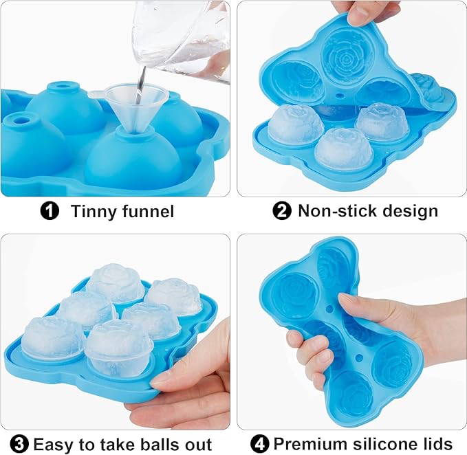Ice Cube Tray, Mikiwon 2 inch Rose Ice Cube Trays With Covers, 6 Cavity Silicone Rose Ice Ball Maker, Easy Release Large Ice Cube Form for Chilled Cocktails, Whiskey, Bourbon & Homemade Juice (Blue)