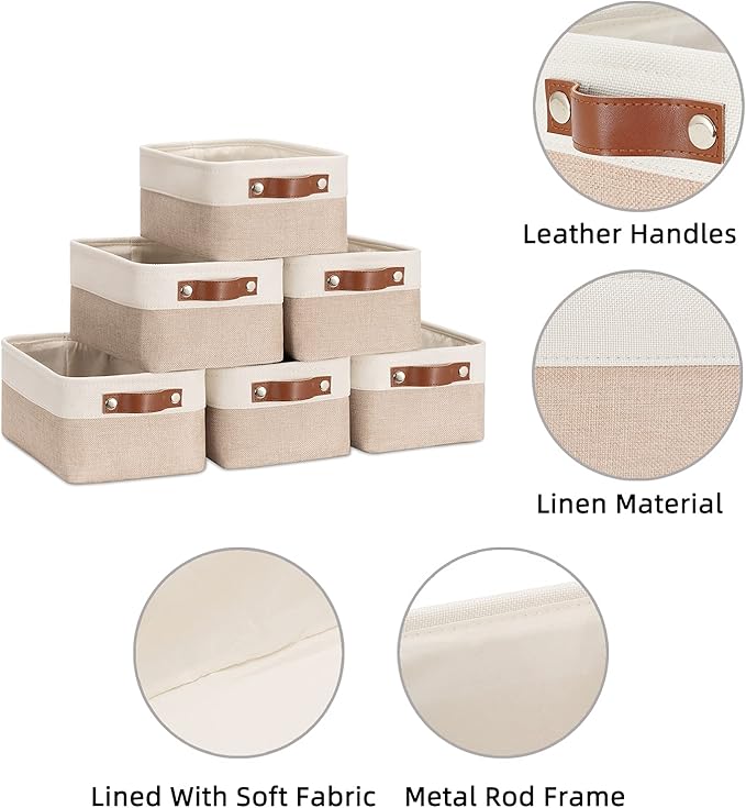 HNZIGE Small Fabric Baskets for Organizing(6 pack) Collapsible Storage Baskets for Shelves, Closets, Laundry, Nursery, Decorative Baskets for Gifts Empty (White&Khaki, 11.8" x 7.8" x 5.1")