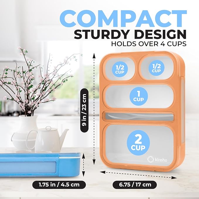 kinsho Bento-Box for Adults or Kids, Lunch-Boxes Portion Control Container for Women Men Girls Boys | Leakproof Snack Containers for School BPA Free Utensils 5 Compartments | Blue, Orange