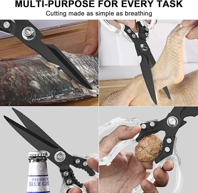 CGBE Kitchen Scissors, Multi-Purpose Kitchen Shears, Heavy Duty Dishwasher Safe Food Scissors for Chicken, Poultry, Fish, Meat & Herbs with Non-Slip Grips (Transparent Black)