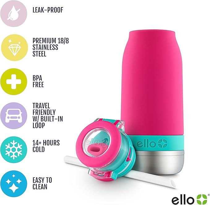 Ello Emma 14oz Vacuum Insulated Stainless Steel Kids Water Bottle with Straw and Built-in Carrying Handle and Leak-Proof Locking Lid for School Backpack, Lunchbox and Outdoor Sports