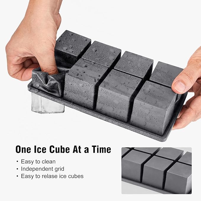 Samuelworld Large Silicone Ice Cube Tray Molds, 2-Pack, Big 2 Inch Cubes - Food Grade, Flexible, 8 Cavity Easy Release Slow Melting Ice for Whiskey, Cocktails, Gifts & Christmas - Grey