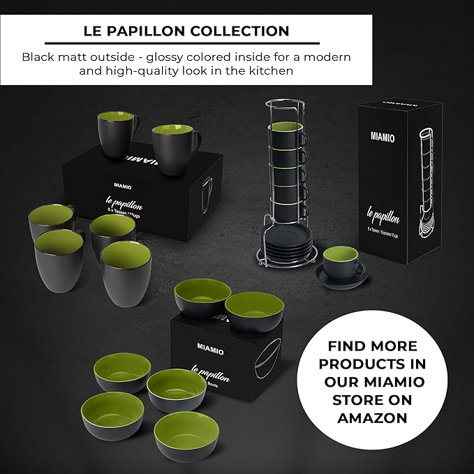 MIAMIO - Set of 6 Stoneware Coffee Mugs 12 Ounce/Cup Set - Le Papillon Collection (Black-Green)