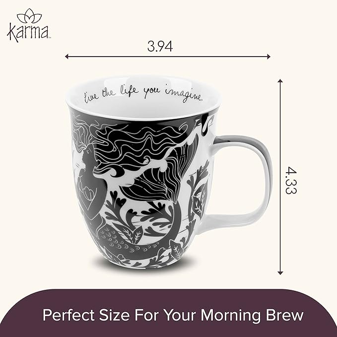 Karma Gifts 16 oz Black and White Boho Mug Mermaid - Cute Coffee and Tea Mug - Ceramic Coffee Mugs for Women and Men
