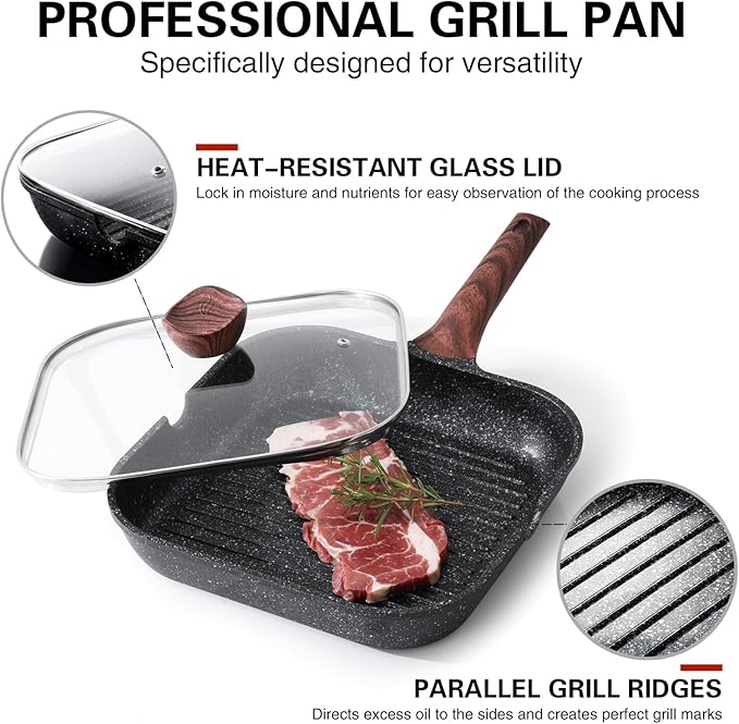 Kordisen Nonstick Grilling Pan with Lid for Stove Tops, 9.5 Inch Square Grill Pan for Indoor Cooking, Granite Coating Grill Skillet with Pour Spouts, Versatile Griddle, Induction Steak Pan, PFOA Free