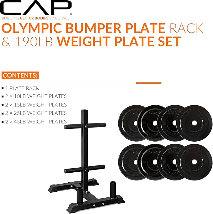 CAP Barbell 2-Inch Olympic Bumper Plate Weight Set with 6 Post Rack | 100-370 lbs | Multiple Options