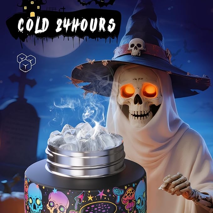 ENCOOL Halloween Insulated Water Bottle with Straw - Stainless Steel Water Bottle with Push Button Lid, Leak-Proof BPA-Free, Keeps Cold for 24 Hours for Halloween gifts, Party (24 oz, Trippy Skulls)