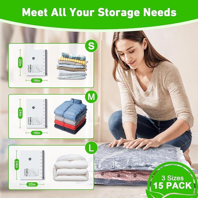 Vacuum Seal Bags for Clothing with Wireless Electric Pump - Travel & Home Use, 15 Pack Ideal Space Saver Vacuum Storage Bags, Travel Vacuum Bags for Luggage