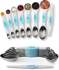 Spring Chef Stainless Steel Magnetic Measuring Spoons Set of 8 with Leveler, Metal Teaspoon & Tablespoon Measuring Spoons with Strong Magnets, Kitchen Gadgets for Baking & Cooking - 2 Pack - Aqua Sky