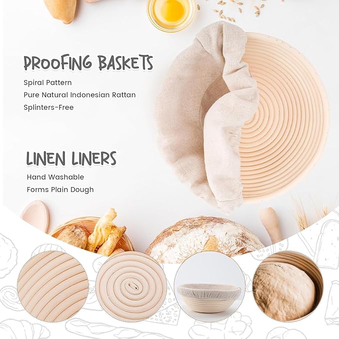 Round Bread Dough Proofing Rising Rattan Baskets(Set of 2, 9 inch) w/Liners for Home Sourdough Bread Bakers