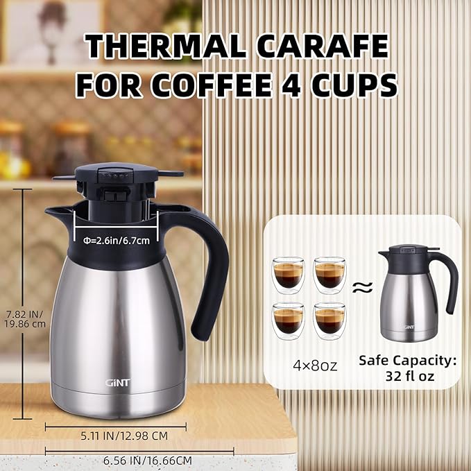 GiNT 34Oz Thermal Coffee Carafe, Insulated Stainless Steel Coffee Carafes for Keeping Hot/Double Walled Vacuum Coffee Carafe (Silver, 1L)