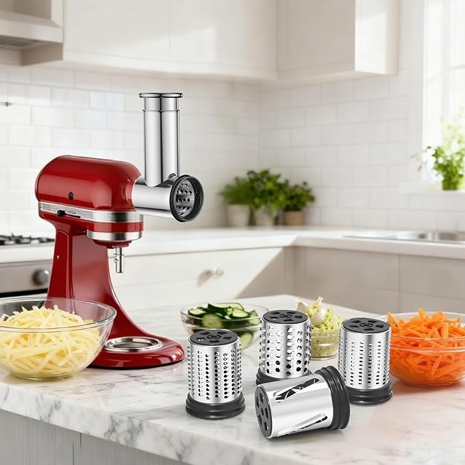 Stainless Steel Slicer Shredder Attachment for KitchenAid Stand Mixers, Large Vegetable Slicer Cheese Grater Attachment for Kitchenaid, Salad Maker Grinding Powder with 4 Blades